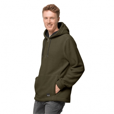 Jack Wolfskin Fleecehoodie Nature Life Halfzip - made from soft Sherpa fleece in sheepskin look - green Men